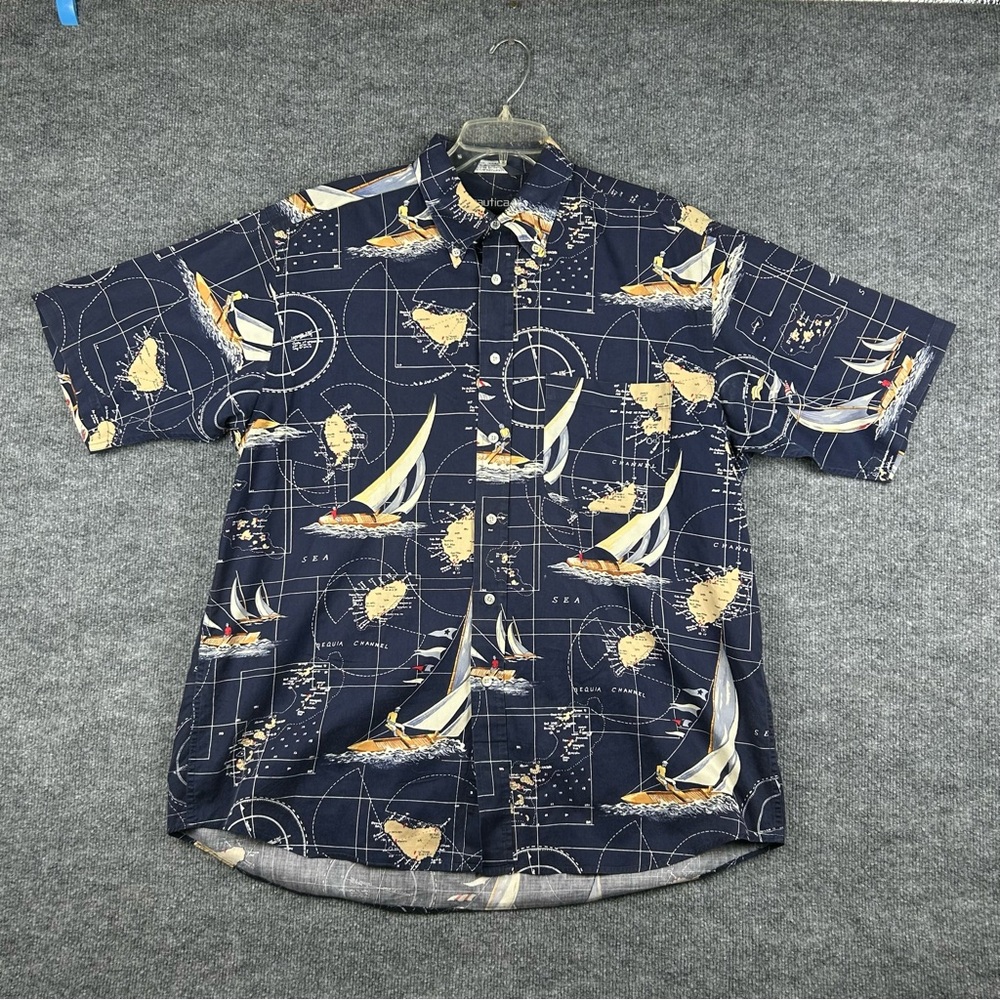 Nautica Sailing Map Print Shirt Button Down L